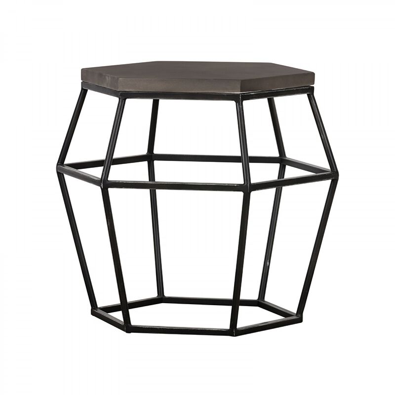 Hexagonal Concrete End Table with Metal Base, Gray and Black