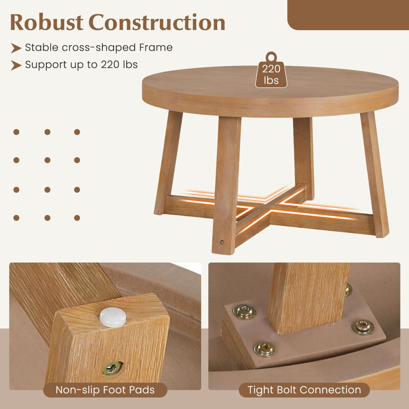 30" Natural Round Coffee Table with Sturdy Rubber Wood Legs, Farmhouse Style image number 7