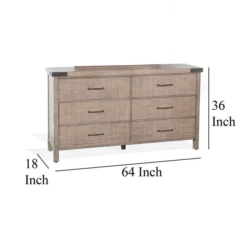 Desy Wide Dresser Chest with 6 Drawers, Light Brown Mahogany Wood - Benzara