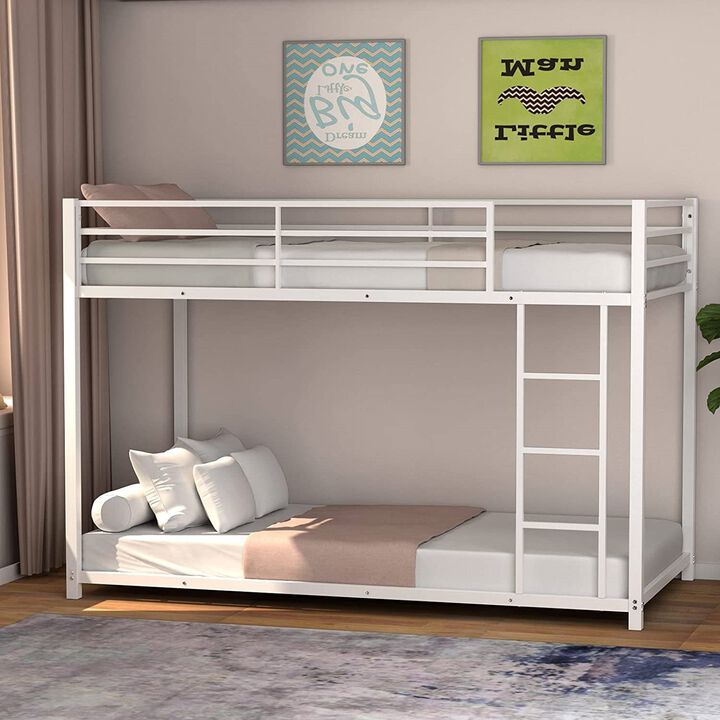 QuikFurn Twin over Twin Low Profile Modern Bunk Bed Frame in White Metal Finish