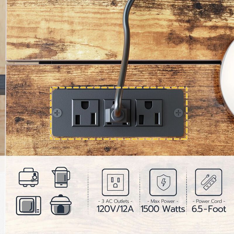 Rolling Kitchen Island with Drop Leaf Tabletop and Power Outlet Station- Black image number 5