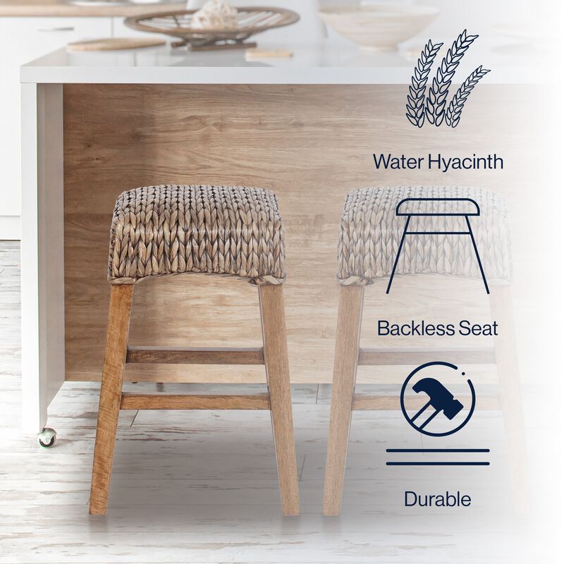 Maui Rustic Bohemian Hyacinth/Wood Backless Stool
