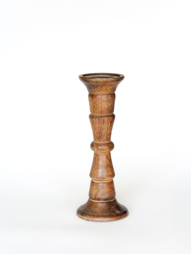 Traditional Medium Burnt Eco-friendly Handmade Mango Wood Set Of One 12" Pillar Candle Holder