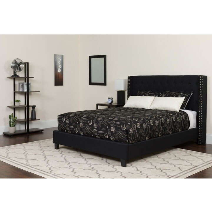 Riverdale Queen Size Tufted Upholstered Platform Bed in Black Fabric with Memory Foam Mattress