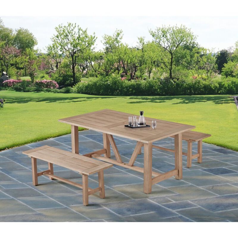Best Quality Furniture Rustic Light Oak Outdoor Dining Set - Acacia Wooden Table with 2 Wood Benches