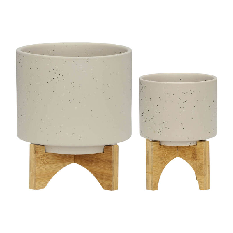 Planter with Wood Stand, Matte Beige Set