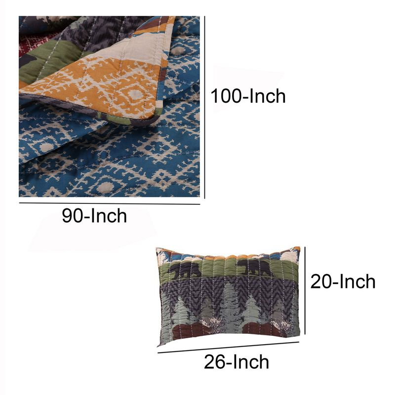 3 Piece King Size Quilt Set with Nature Inspired Print, Multicolor - Benzara