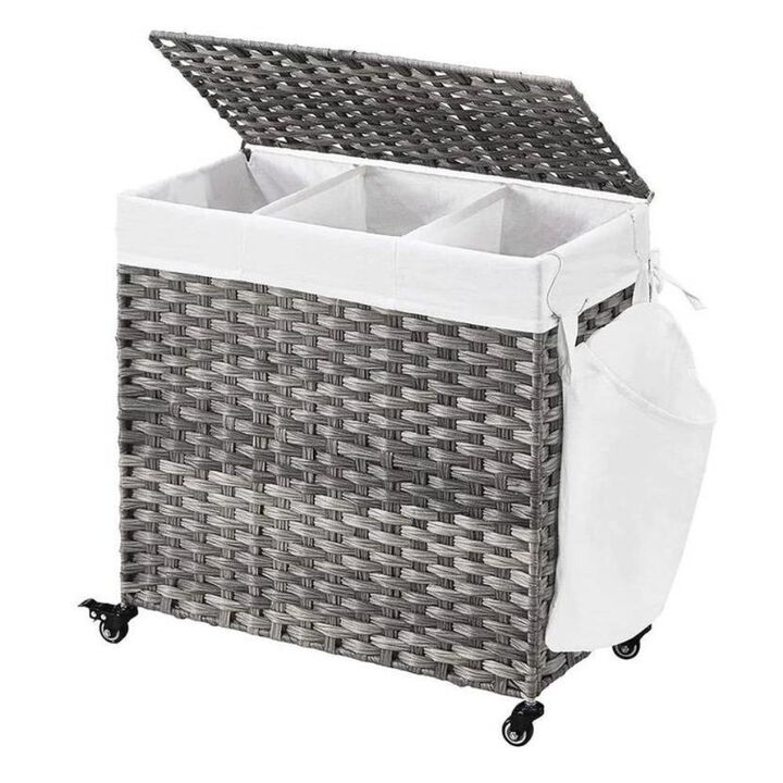 Hivvago Handwoven PP Wicker 3-Section Laundry Basket Cart with Cotton Liner on Wheels