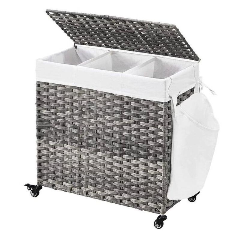 Hivvago Handwoven PP Wicker 3-Section Laundry Basket Cart with Cotton Liner on Wheels image number 0