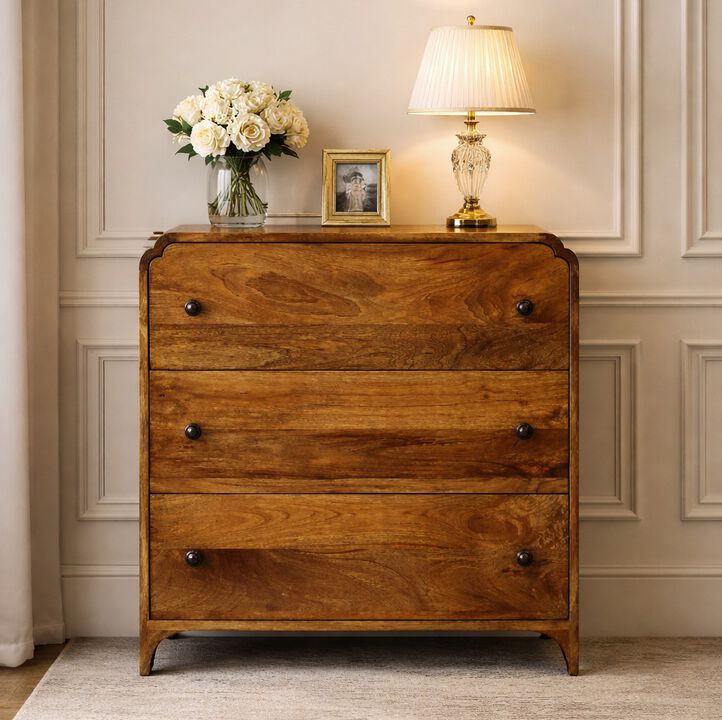 Artisan Furniture Solid Wood Scalloped Edge Chest, 3 Drawers, Brown