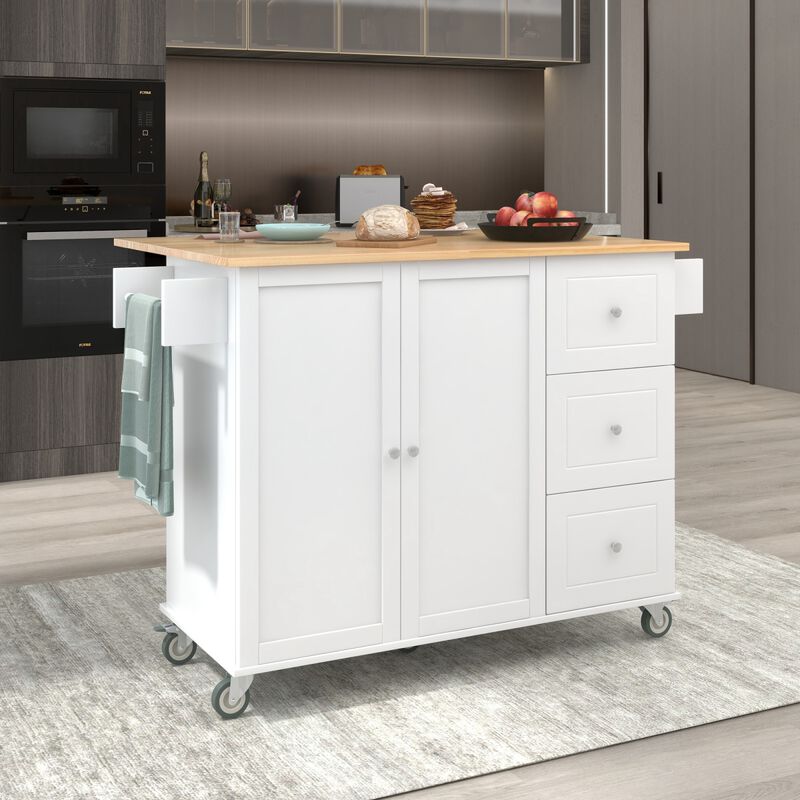 Rolling Mobile Kitchen Island with Solid Wood Top and Locking Wheels, 52.7 Inch Width, Storage Cabinet and Drop Leaf Breakfast Bar, Spice Rack, Towel Rack & Drawer (White)