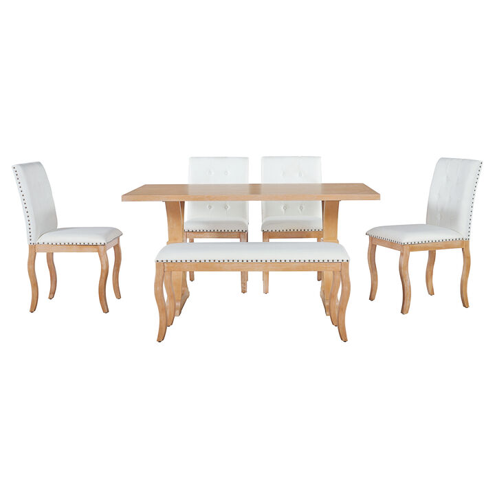 Whisen 6-Piece Dining Set with Bench, Farmhouse Natural Oak Table w/ 4 Upholstered Button Tufted Chairs, Solid Wood & MDF Kitchen Furniture