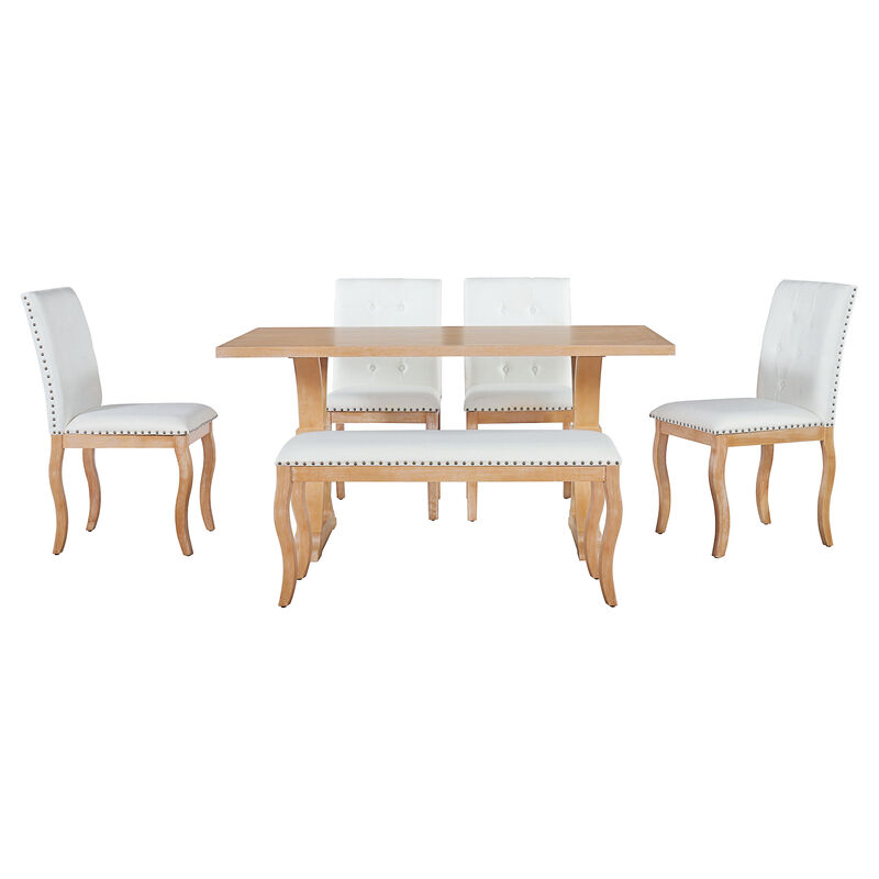Whisen 6-Piece Dining Set with Bench, Farmhouse Natural Oak Table w/ 4 Upholstered Button Tufted Chairs, Solid Wood & MDF Kitchen Furniture image number 0