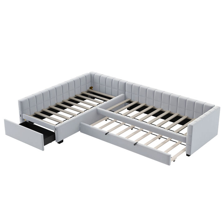 Merax L-Shaped Double Twin Upholstered Daybed with Trundle & Storage Drawer