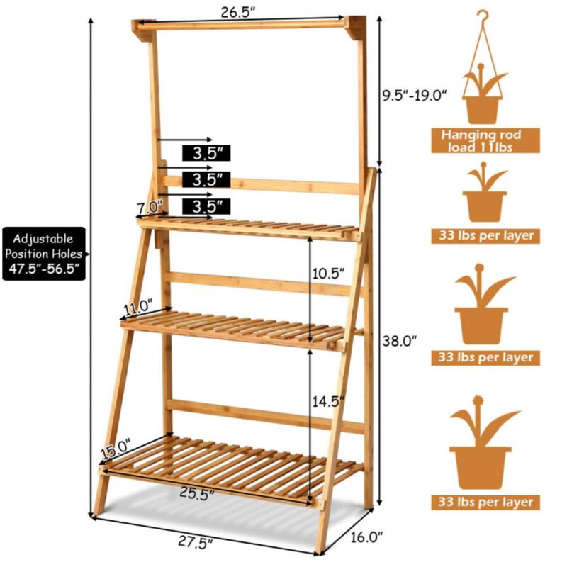 Hivvago 3 Tiers Bamboo Hanging Folding Plant Shelf Stand