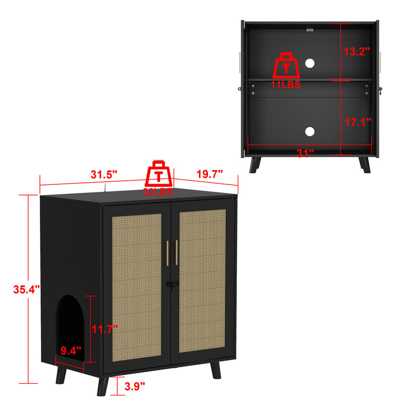 Modern Cat Litter Box Enclosure for Rooms, Black Hidden Litter Box Furniture Cat Washroom Storage with Lock Sisal Door image number 9