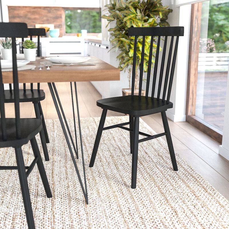 Flash Furniture Set of 2 Windsor Dining Chairs, Solid Wood Armless in Black image number 6
