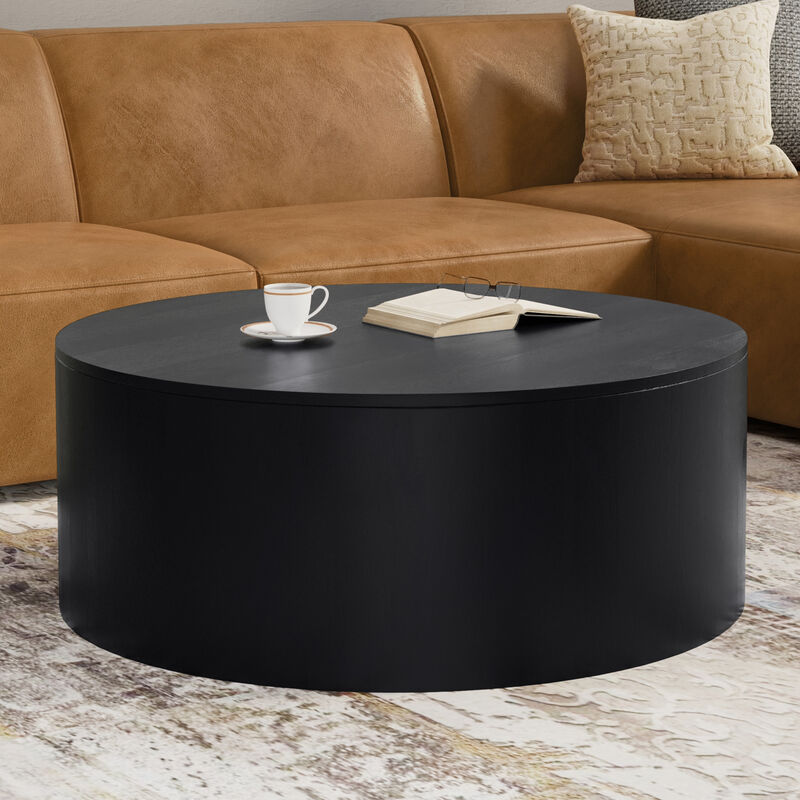 Millbury SOLID MANGO WOOD 36 inch Wide Round Contemporary Drum Coffee Table in Black, Fully Assembled