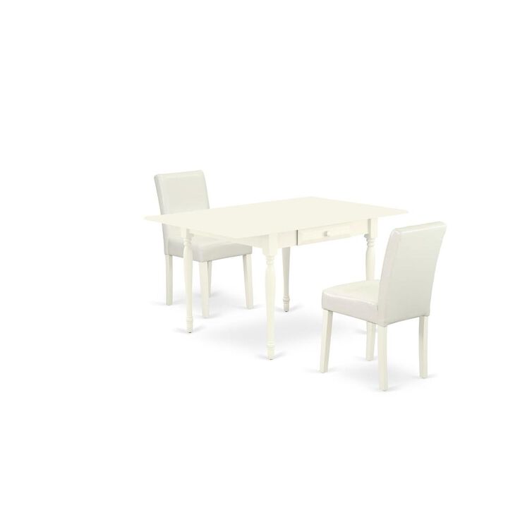 1MZAB3-LWH-64 3Pc Dining Table Set for 2 Includes a Small Dining Table and 2 Parsons Chairs with White Color PU Leather, Drop Leaf Table with Full Back Chairs, Linen White Finish