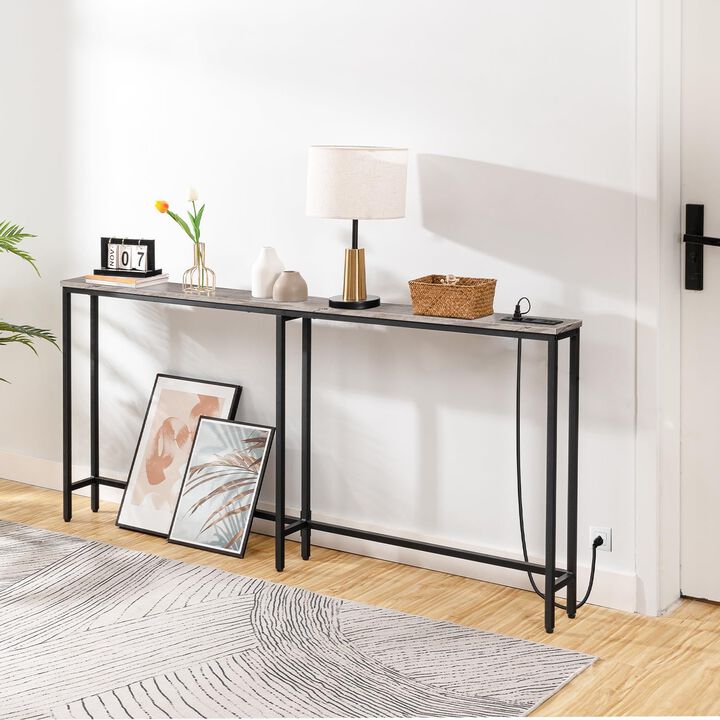 Slim Console Table with Charging Station, Narrow Sofa Table for Entryway- Greige