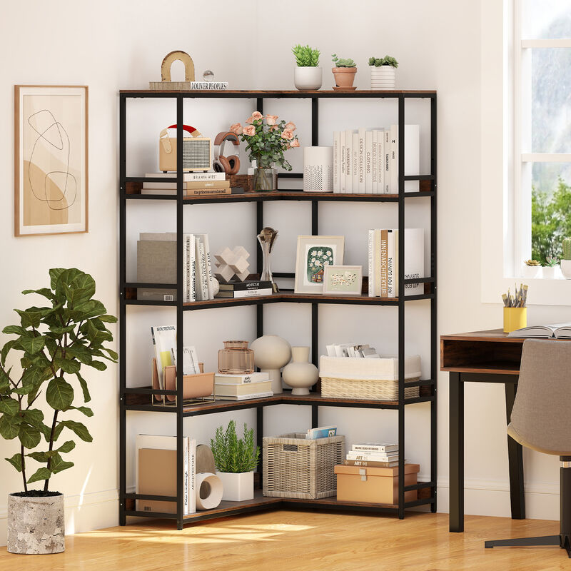 5-Tier L-Shaped Corner Bookshelf with Metal Frame, Space-Saving Etagere Design