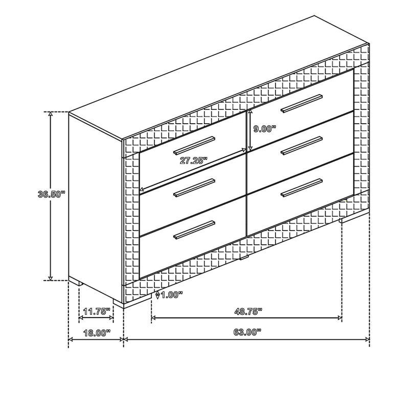 Ivon Wide Dresser, 6 Drawers, Bar Handles, Glossy Gray Solid Hardwood - Benzara
