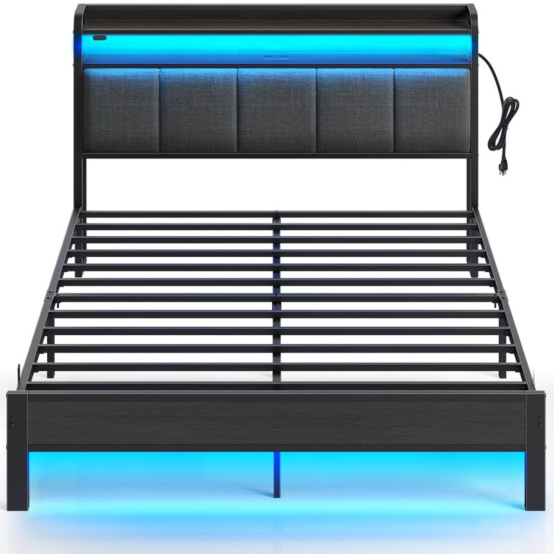 Rolanstar Bed Frame with Charging Station and LED Lights, Upholstered Headboard with Storage Shelves, Heavy Duty Metal