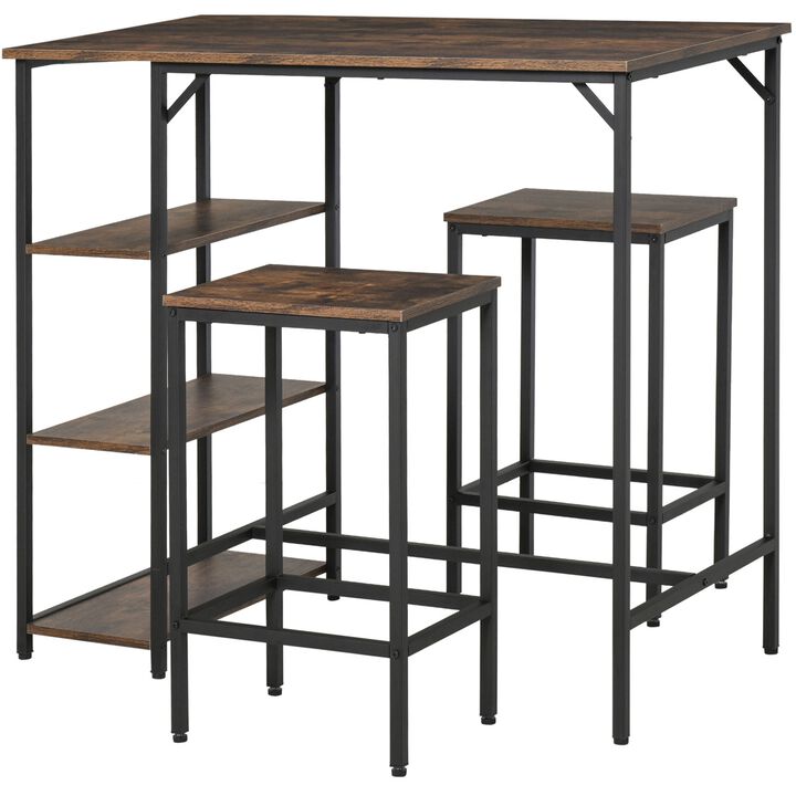 Dining Table Set, Bar Table and Stools with Storage Shelf, Reinforced Crossbar, 3 Piece Dining Set, Rustic Brown/Black