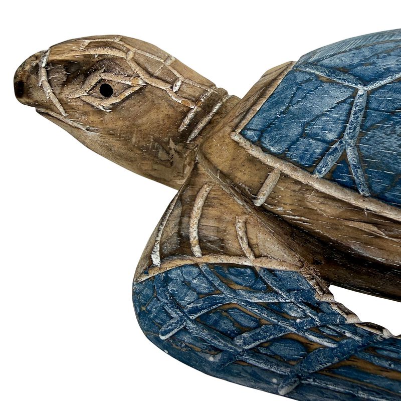 Sea Turtle Statue Hand Carved Wood Blue Coastal Decor 12in Tabletop Art image number 5