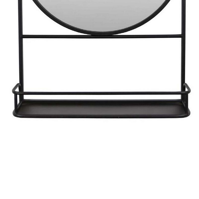 Feno Decorative Wall Mirror, 28 Inch Round Black Metal Frame w Rack