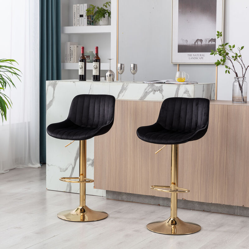 Chrome Footrest and Base Swivel Height Adjustable Mechanical Lifting Velvet + Golden Leg Simple Bar Stool, Set of 2, Black