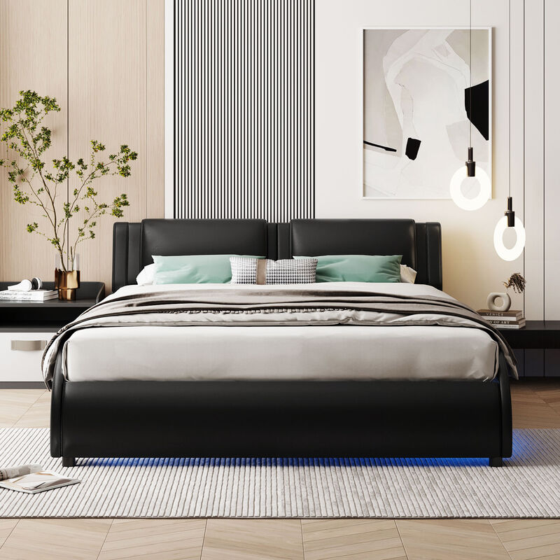 Merax Upholstered Faux Leather Platform Bed with LED Light