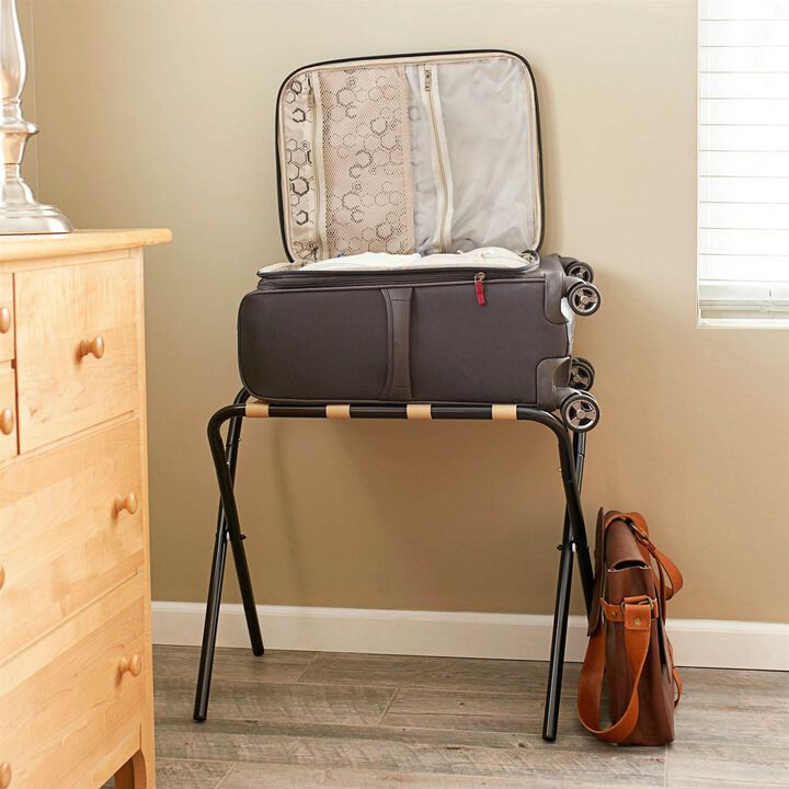 Metal Hotel-Style Luggage Rack – Foldable Suitcase Stand with Khaki Straps for Guest Rooms