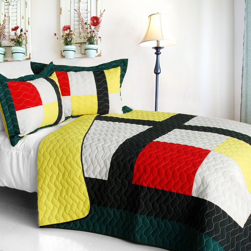 3-Piece Vermicelli Quilted Geometric Patchwork Quilt Set with Matching Shams image number 0
