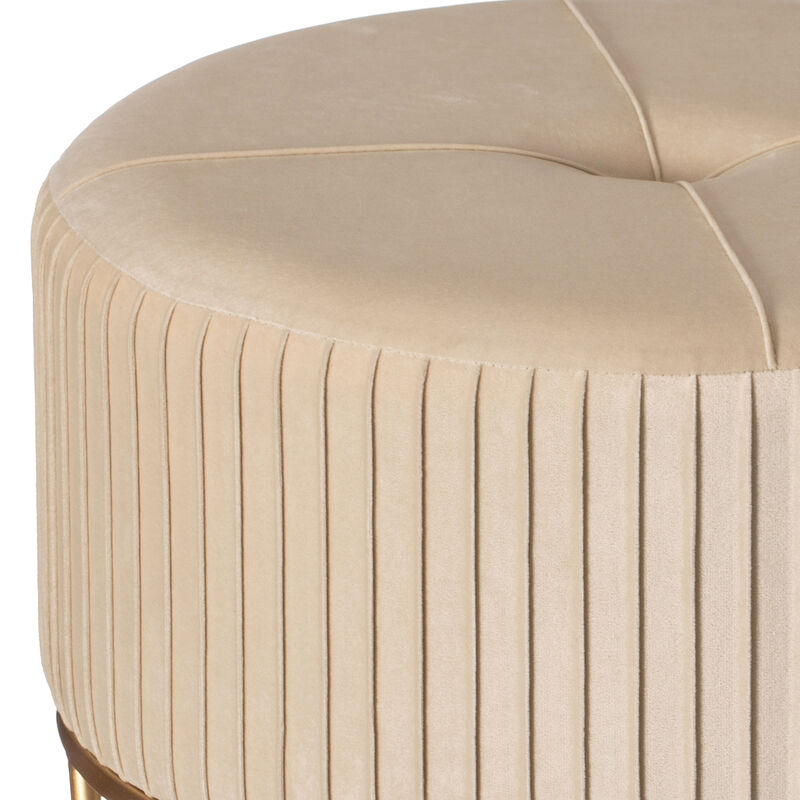 Round Velvet Ottoman Stool Raised with Hairpin Gold Base, Cream, Medium