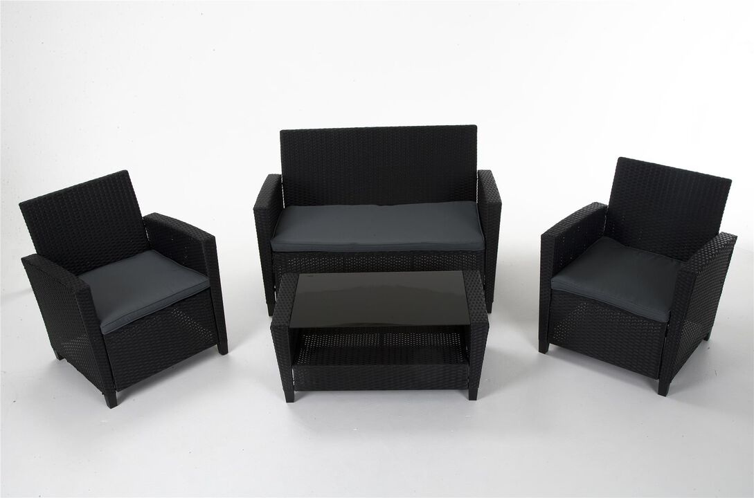 COSCO Outdoor 4 Piece Conversation Set, No Tools Assembly, Gray Cushions, Black Resin Wicker