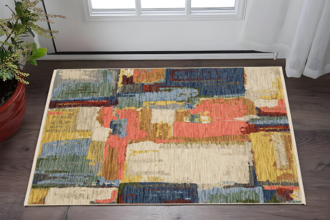 HomeRoots Abstract Area Rug With Fringe