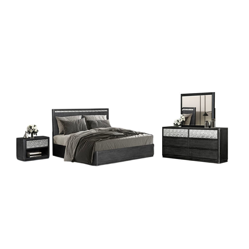 Zoko 4pc Queen Bedroom Set with USB Nightstand, Ash Gray Wood - Benzara