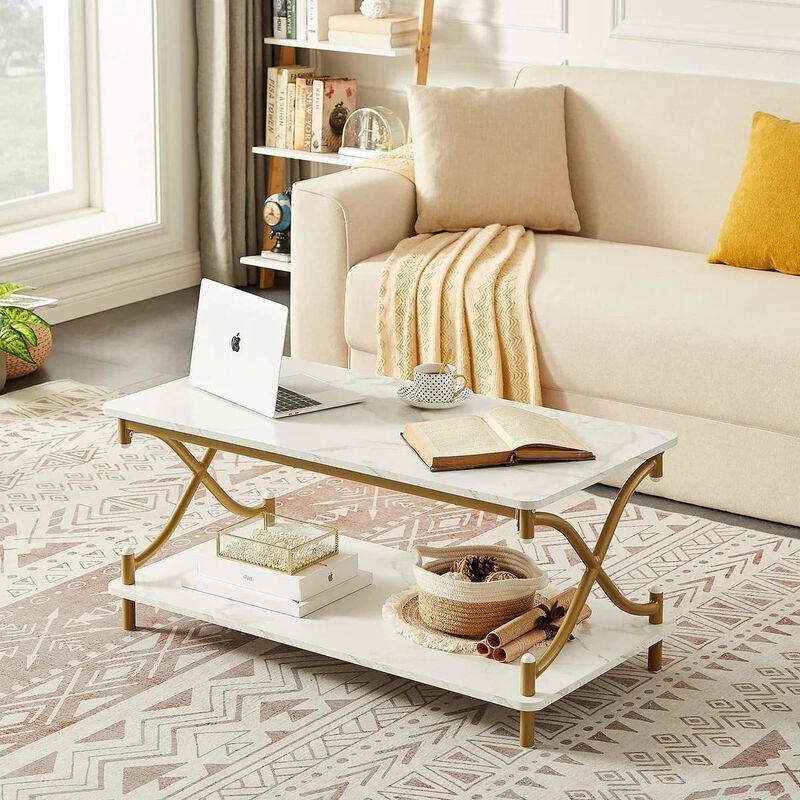 Faux Marble Coffee Table with Gold Metal Frame and Lower Storage Shelf