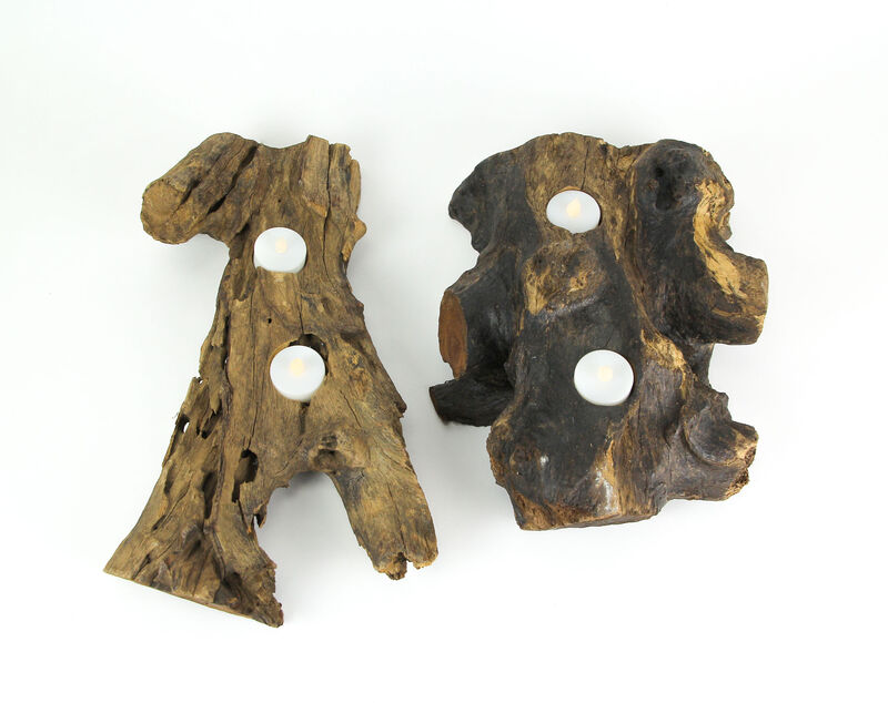 Set of 2 Natural Gamal Root Wood Double Tealight Candle Holders - Large image number 2