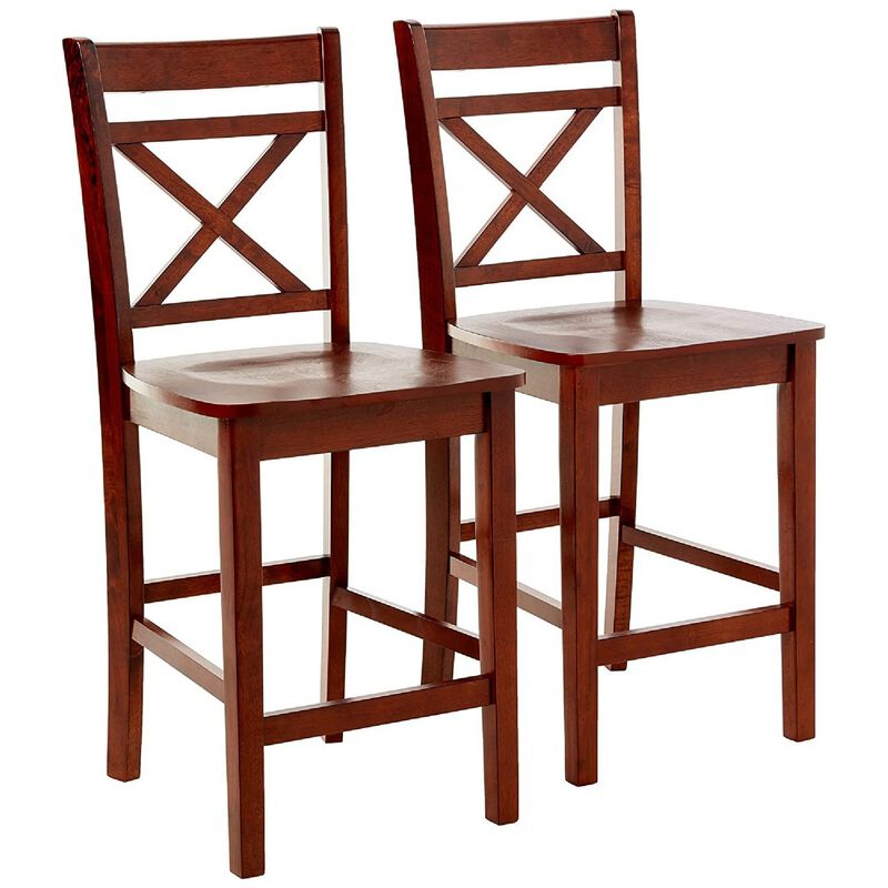Wooden Counter Height Chair with Cross Back, Set of 2, Cherry Brown