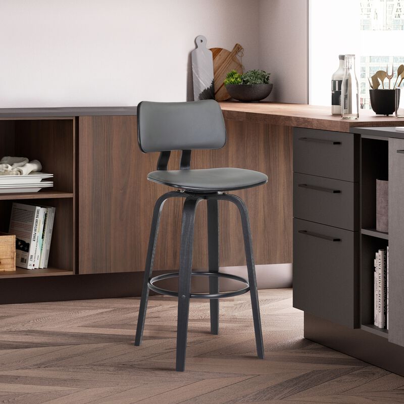 30" Swivel Black Wood Bar Stool in Gray Faux Leather with Black Metal image number 1