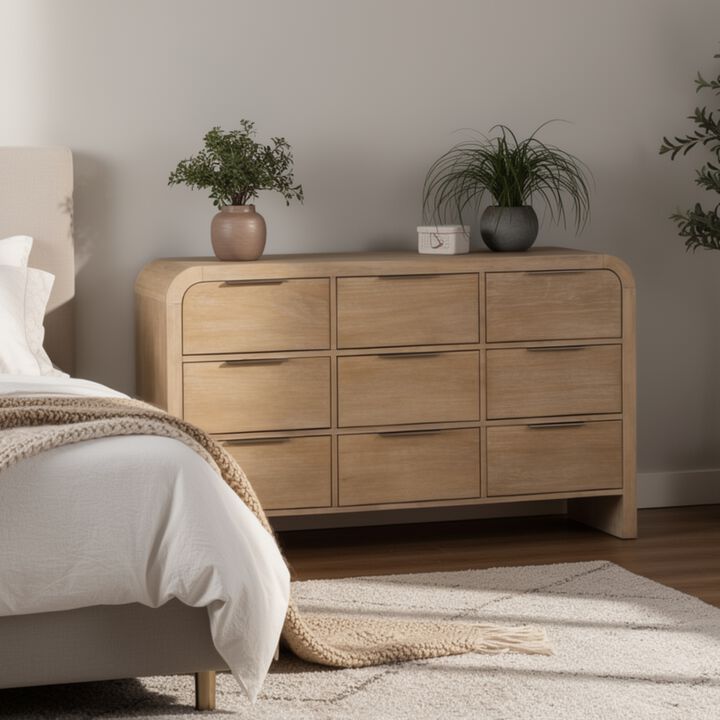 Rexa Wide Dresser, 9 Drawers, Natural Brown Wood, Metal Finger Pulls