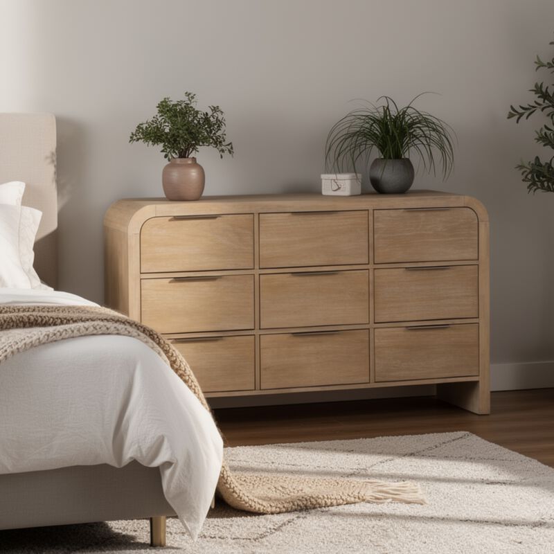 Rexa Wide Dresser, 9 Drawers, Natural Brown Wood, Metal Finger Pulls image number 1