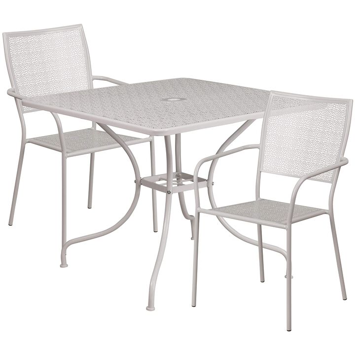 Flash Furniture Commercial Grade 35.5" Square White Indoor-Outdoor Steel Patio Table Set with 2 Square Back Chairs