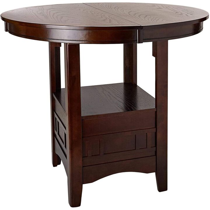 Dining Table Round Counter height Dining Table w Shelf 1pc Table Only Solid wood Dark Rosy Brown FInish
