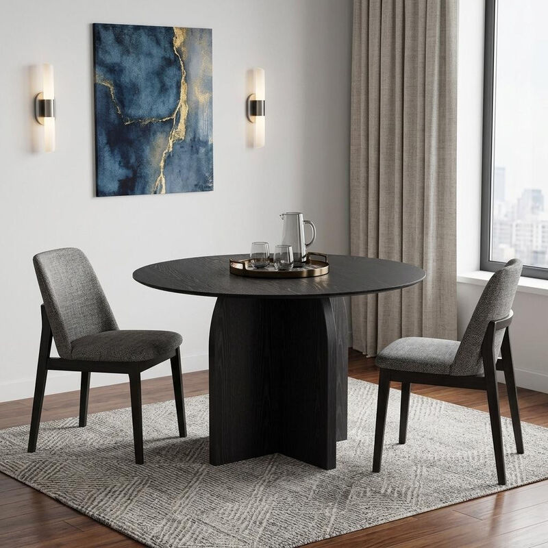 HomeRoots 42" Black Solid Wood Pedestal Base Round Top Dining Table image number 1