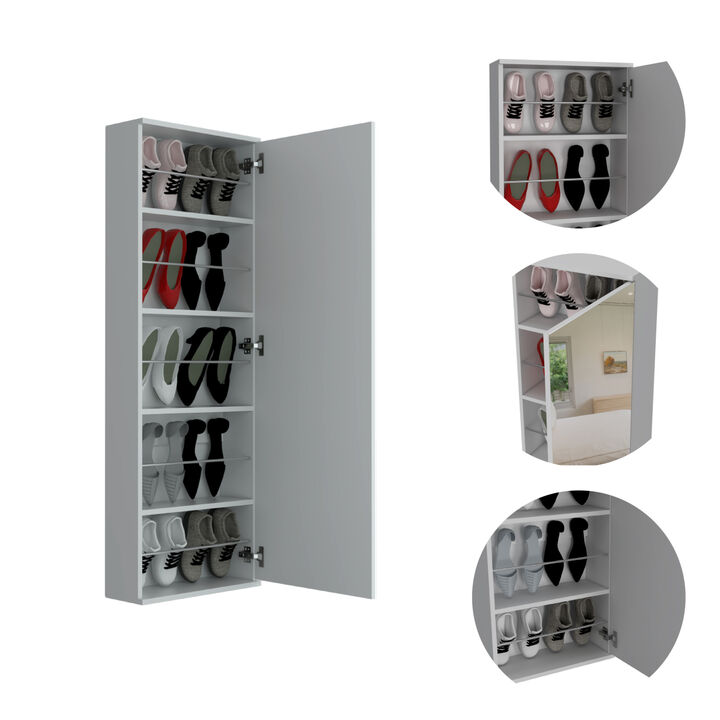 Leto Wall Mounted Shoe Rack With Mirror, Single Door, Capacity For Ten Shoes -White