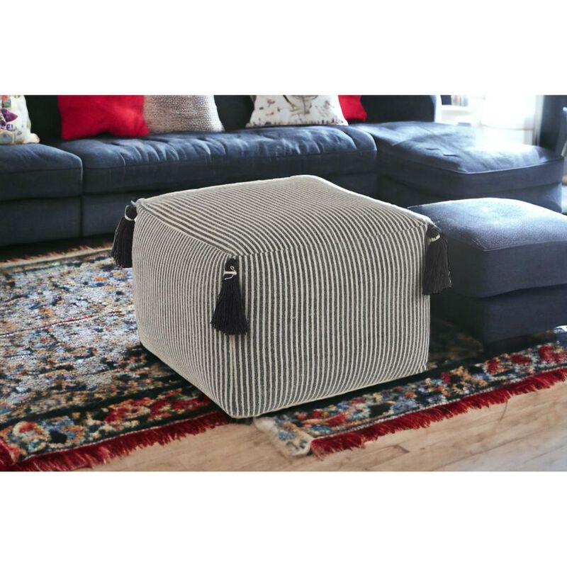 Hivvago 18 Inch Gray Cotton Striped Pouf Ottoman