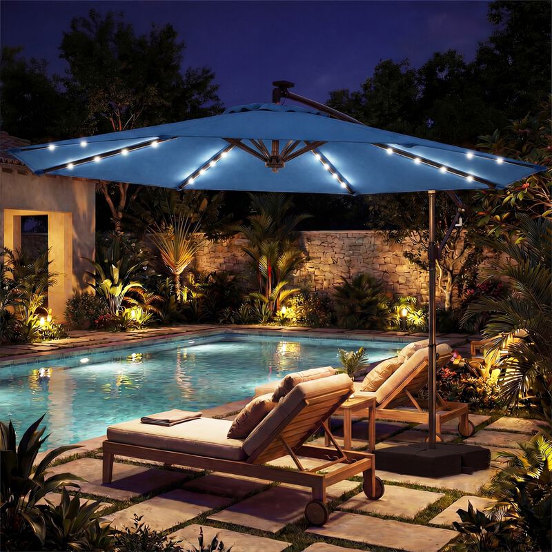Clihome 10 ft. Solar LED Cantilever Patio Umbrella in Navy with 32 Lights, 360 Rotation, Sandbags Included